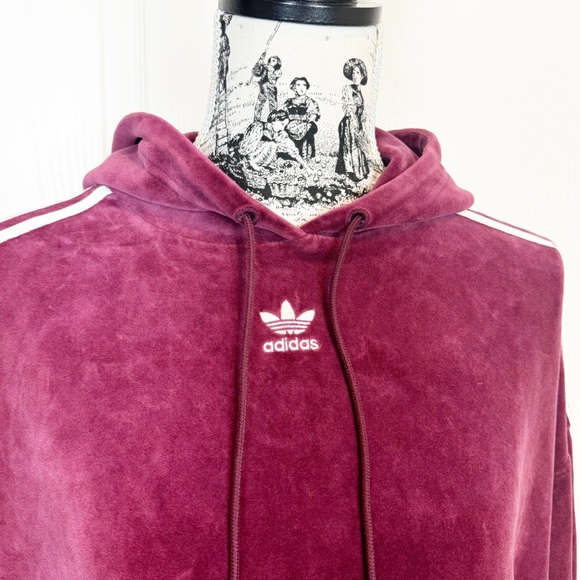 Adidas Originals Velour Cropped Hoodie Sweatshirt Burgundy Stripe Size Large - Picture 6 of 7